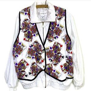 Vintage Track Suit Jacket Lavon Poker Deck of Cards Black Jack White Size Medium